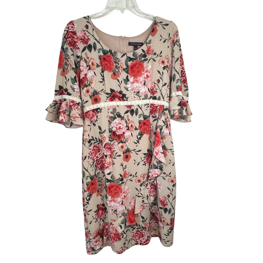 Chris McLaughlin Floral Ruffle Sheath Dress Womens 8 Cream Red Lace Trim Cottage